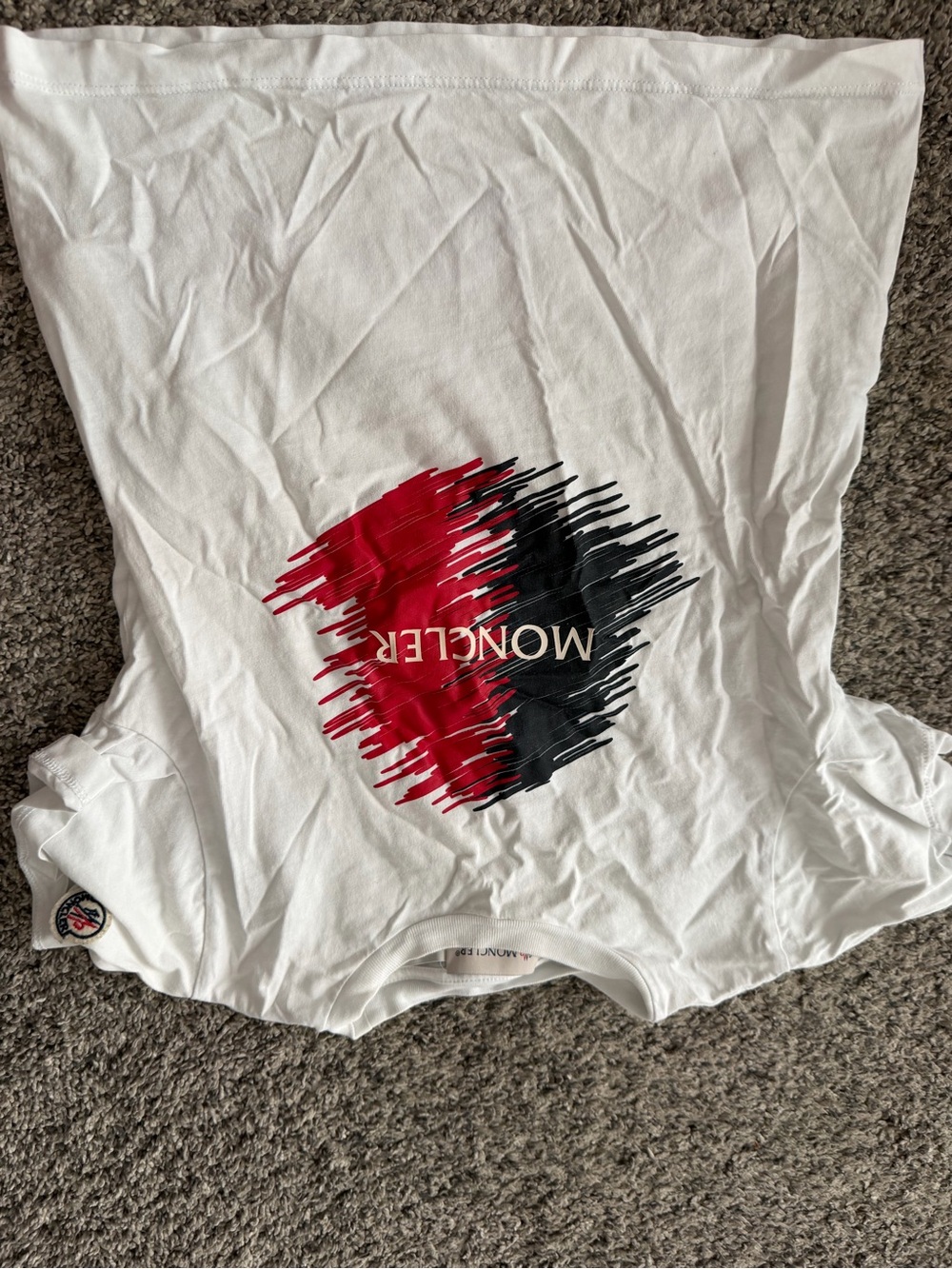 Moncler White Tee with Red and Black Brushstroke Logo